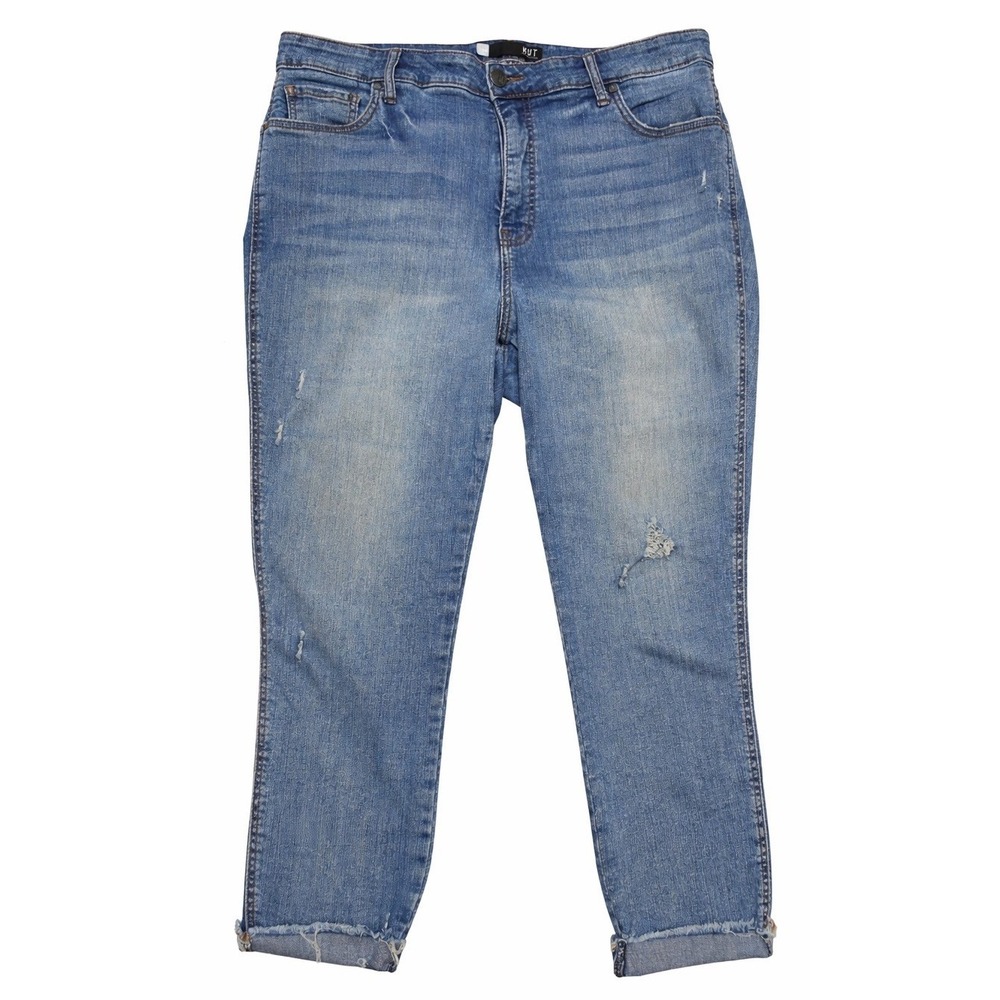Kut From The Kloth Womens Crop Straight Leg Jeans Sz 16 Blue Distressed 5 Pocket